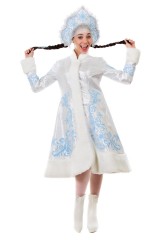 Костюм Снегурочки «Метелица». В комплект костюма входит: пальто, кокошник (головной убор), рукавички.